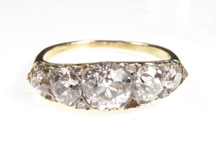 Late Victorian five stone diamond ring, with graduated old round European cut diamonds